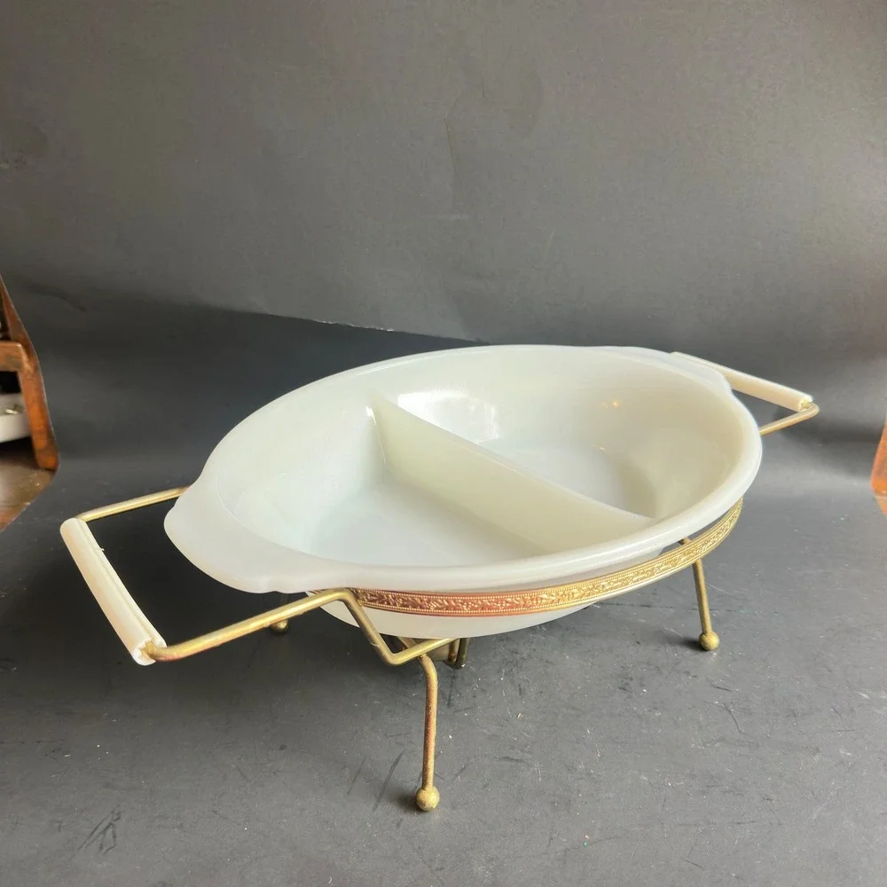 Fire-King Divided Casserole Dish Vintage White Milk Glass Brass Stand 468 USA